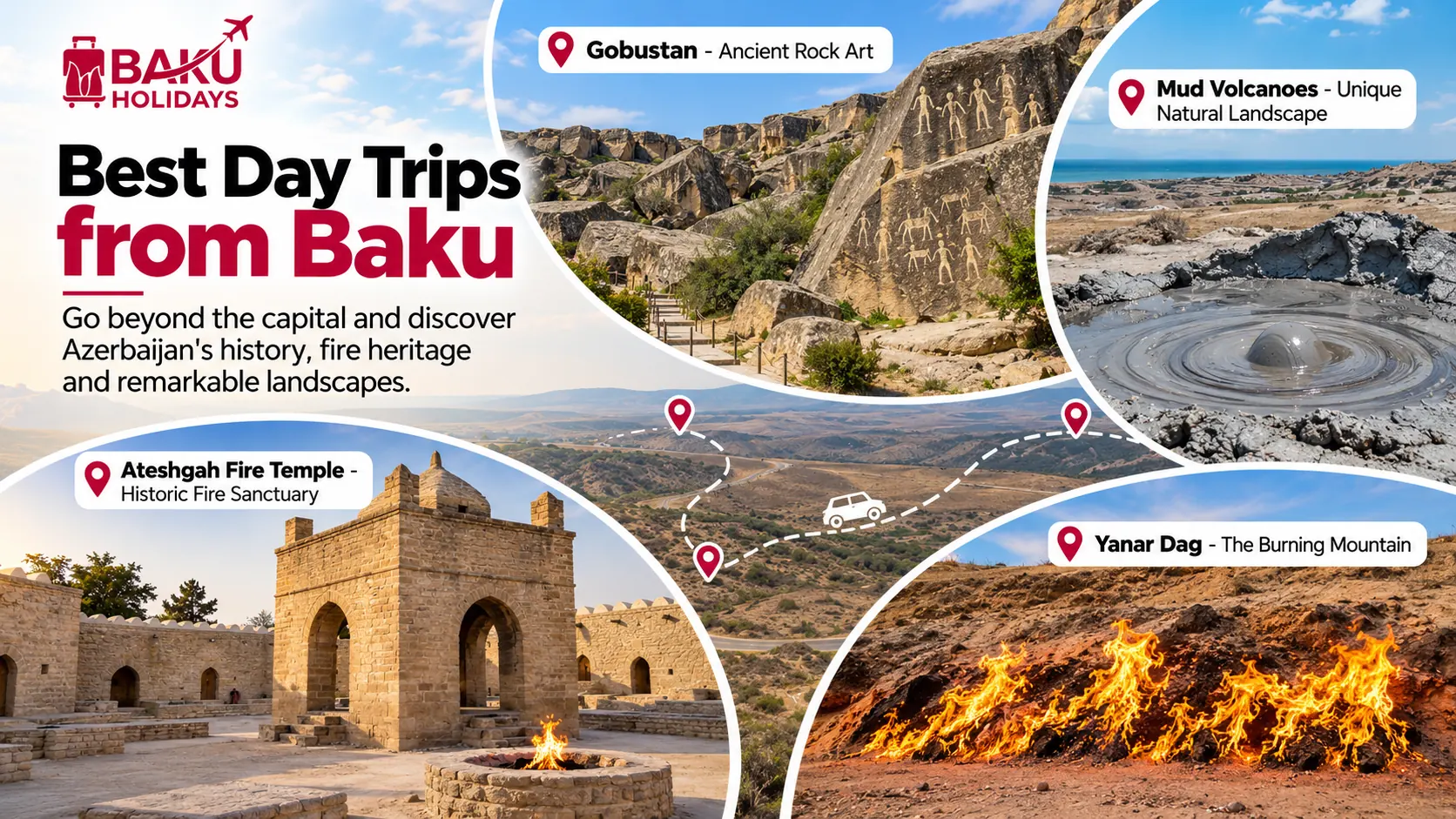 Day trips from Baku featuring Gobustan rock art, mud volcanoes, Ateshgah Fire Temple and Yanar Dag