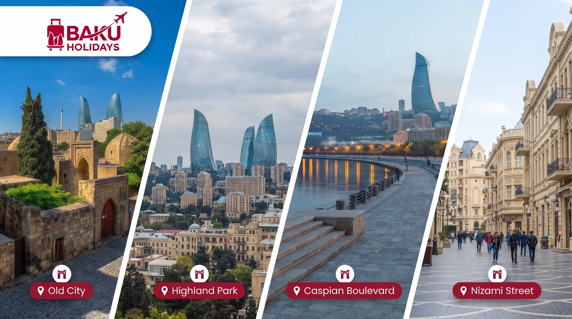 Baku sightseeing collage showing the Old City, Highland Park, Caspian Boulevard and Nizami Street