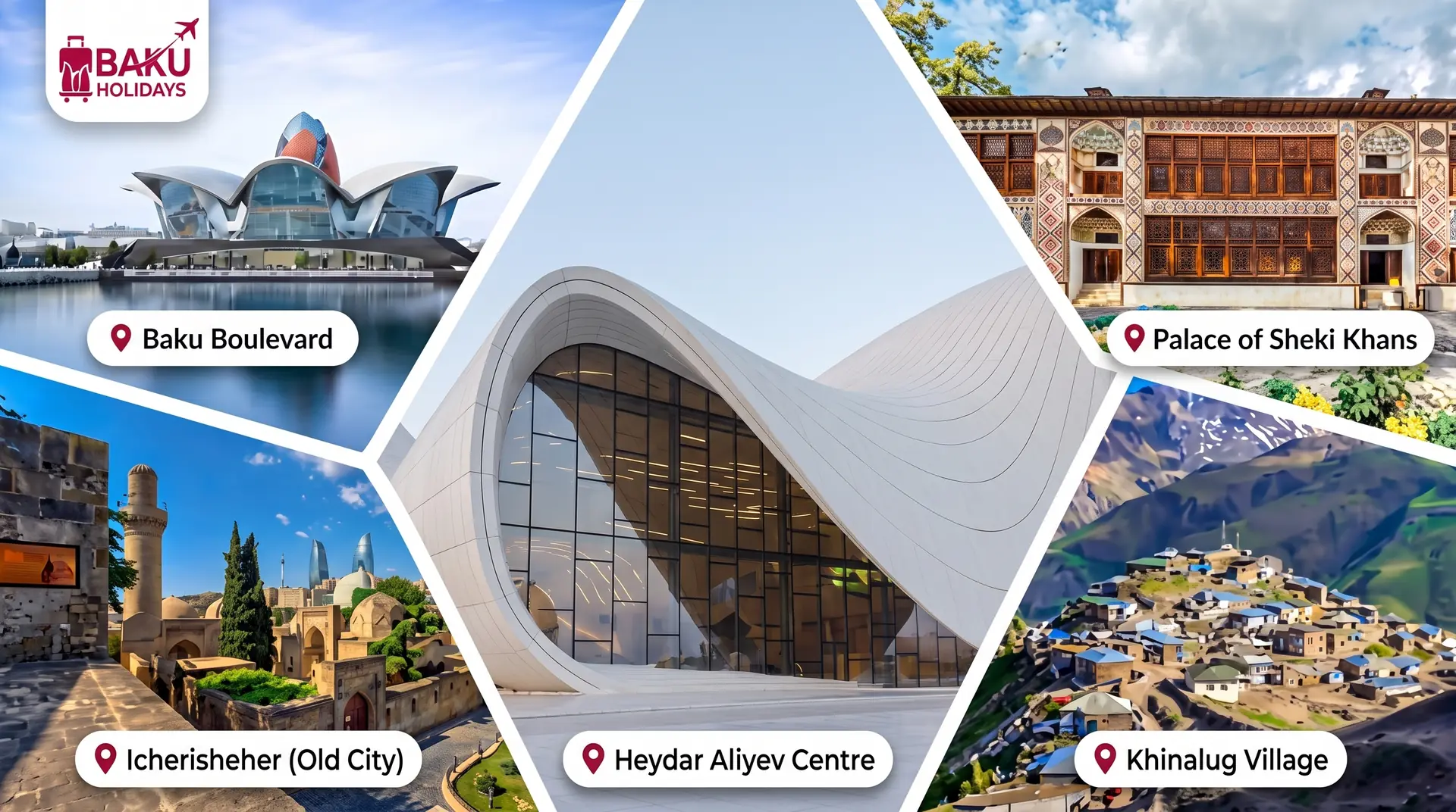 Baku and regional landmarks collage with waterfront architecture, the Old City, Heydar Aliyev Centre, Sheki and Khinaliq