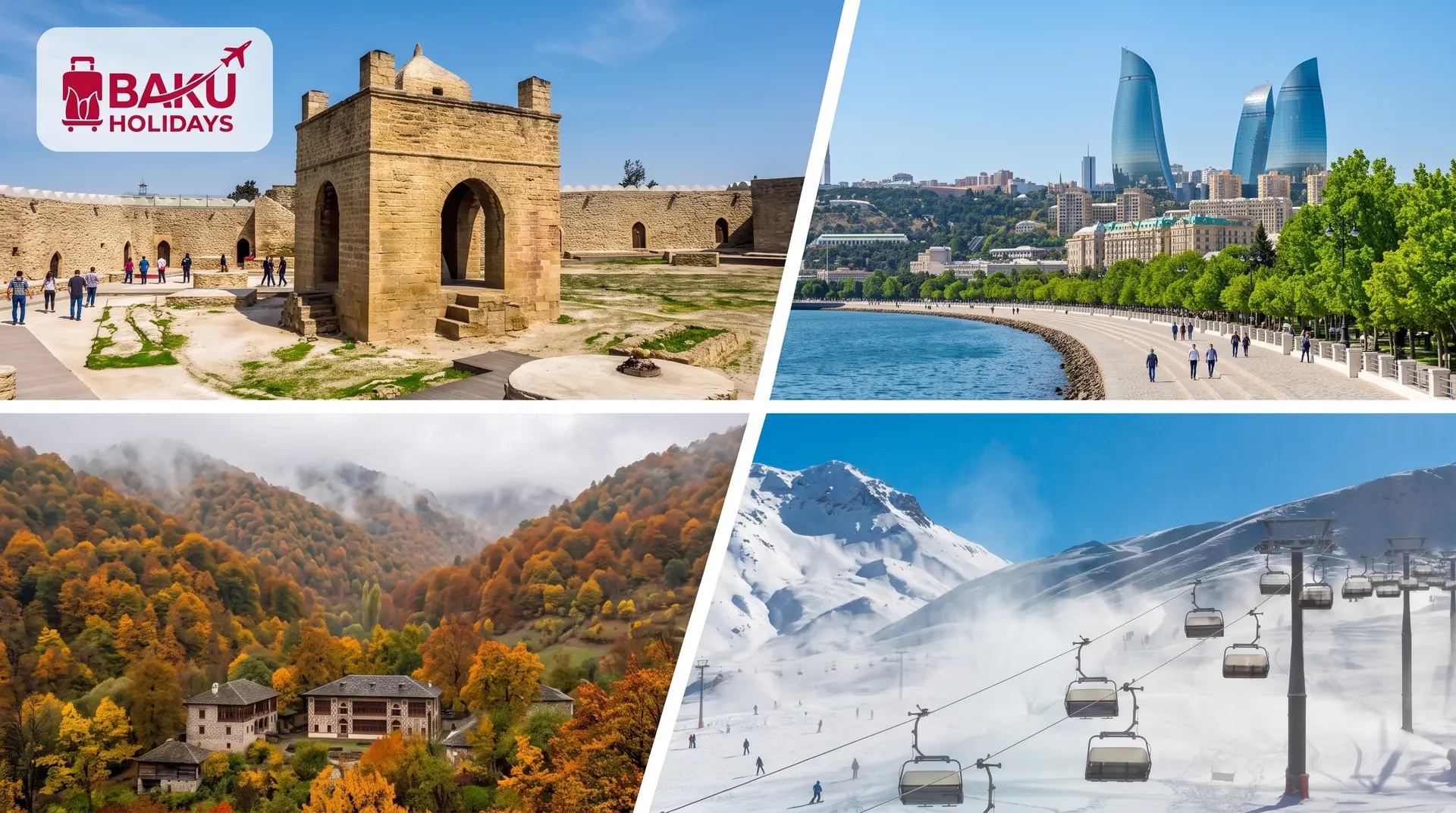 Four-season Azerbaijan collage with a historic gateway, Baku waterfront, autumn forest and winter ski lifts