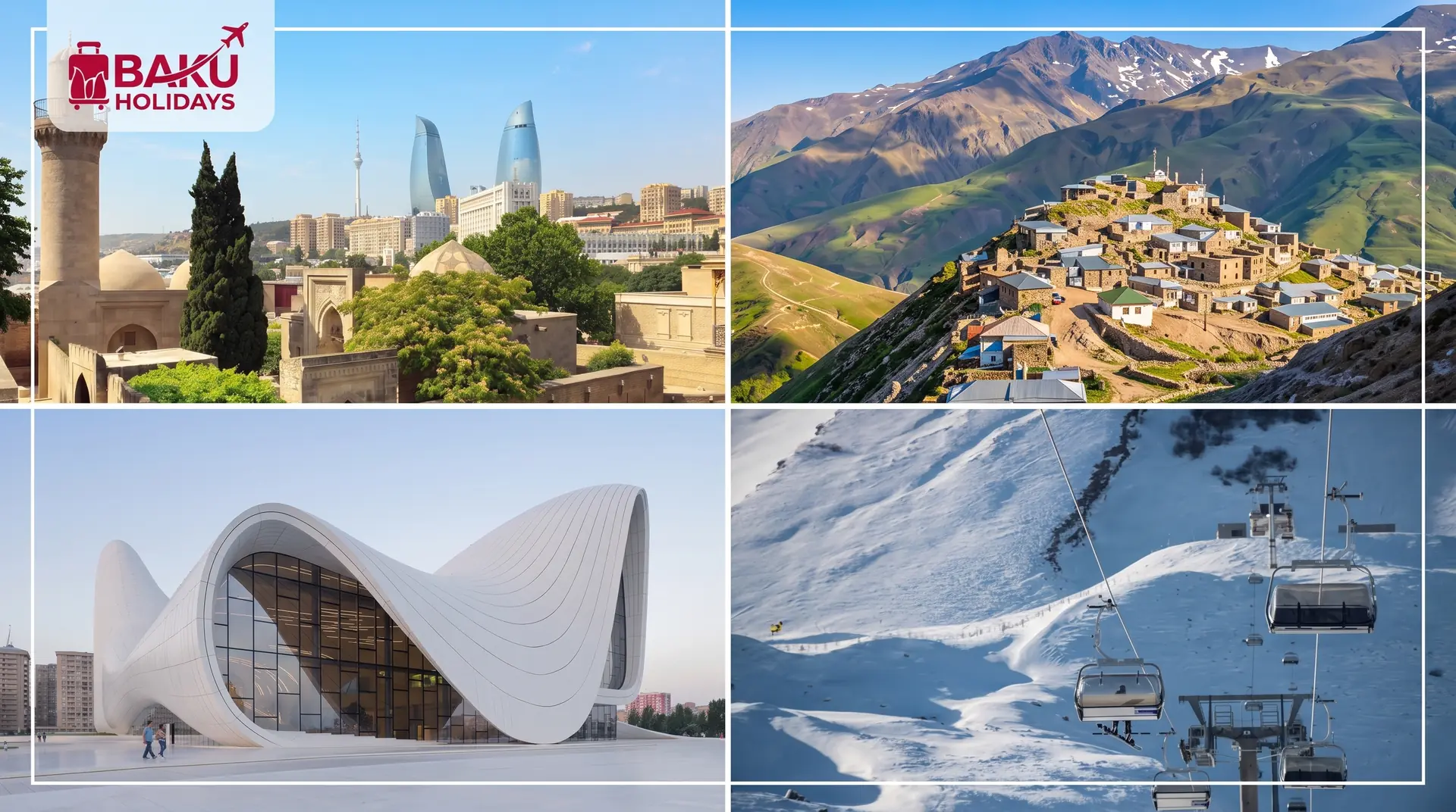 Azerbaijan travel styles combining Baku Old City, the Heydar Aliyev Centre, a mountain village and skiing