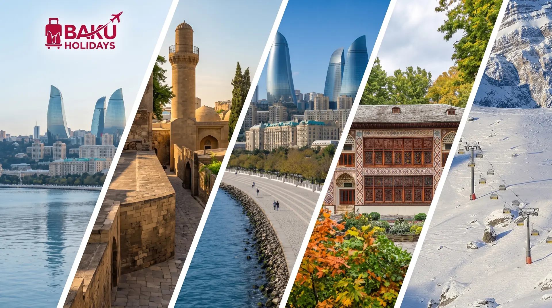 Azerbaijan holiday collage showing Baku, a historic minaret, Sheki palace gardens and snowy ski slopes