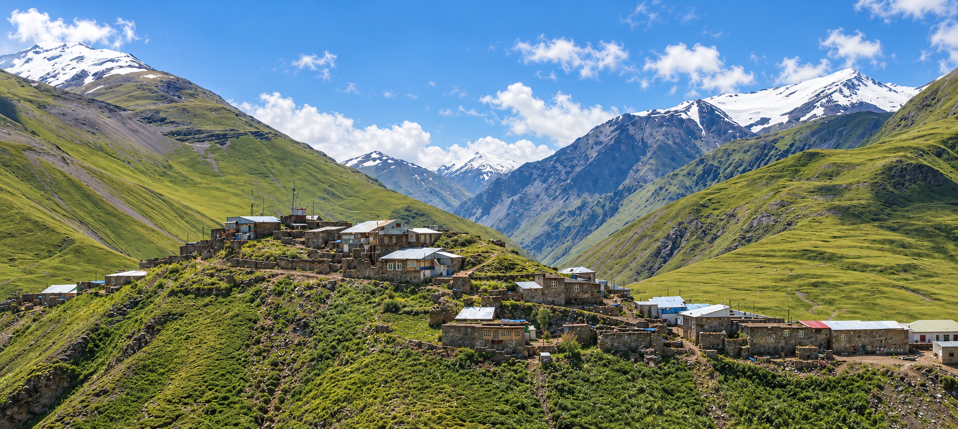 Mountain village surrounded by green valleys and snow-capped peaks in Azerbaijan